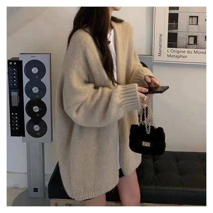 FurDecoration - Wholesale Cardigan - Women's - Solid Color Loose Knit Cardigan Sweater2
