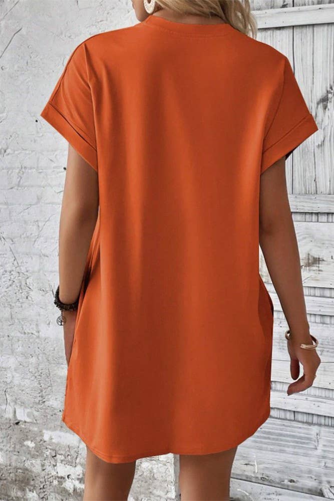 UNISHE - Wholesale Dress - Women's - Plain Fold Cuff Pockets Round Neck T-Shirt Dress ZK13333