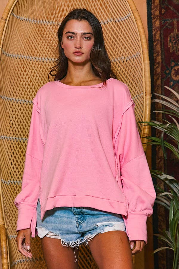 BUCKETLIST INC - Vente Sweat-shirt – femme - Haut en éponge uni à ourlet haut et bas T2369 Raw Edge Detail23