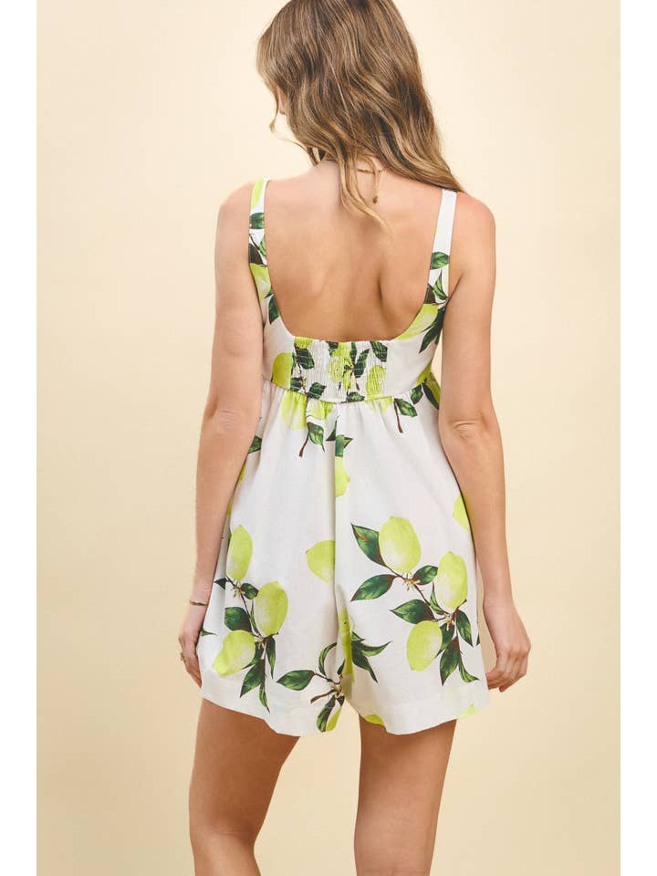 White CP10116-Lemon Tree Print Back Smocked Detail Casual Romper for wholesale on Faire2