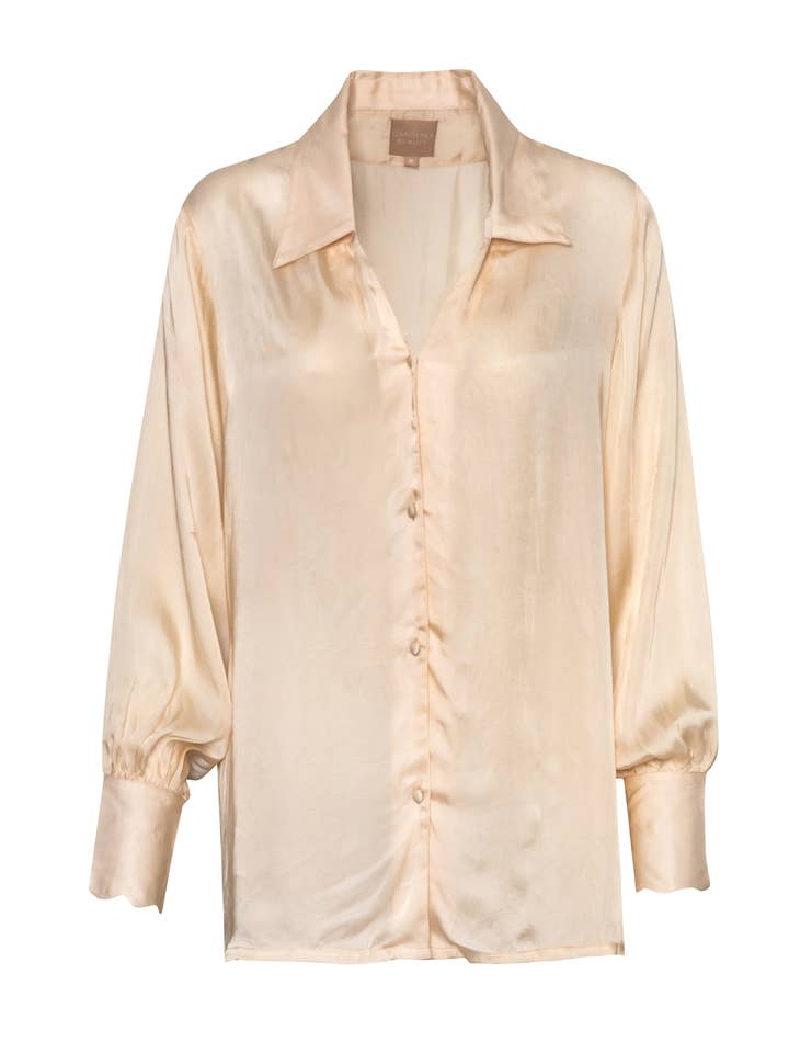 Beige Vegan Silk Button Down Blouse Women’s Classic Top for wholesale by Carolina Benoit