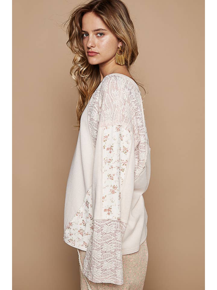 Pol Clothing - Wholesale Knit Top - Women's - Long sleeve contrast flower thermal knit top SALE