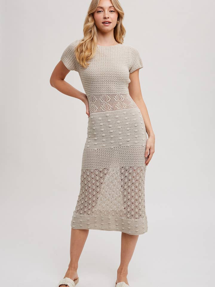 EYELET KNIT SHORT SLEEVED MIDI DRESS for wholesale by Bluivy
