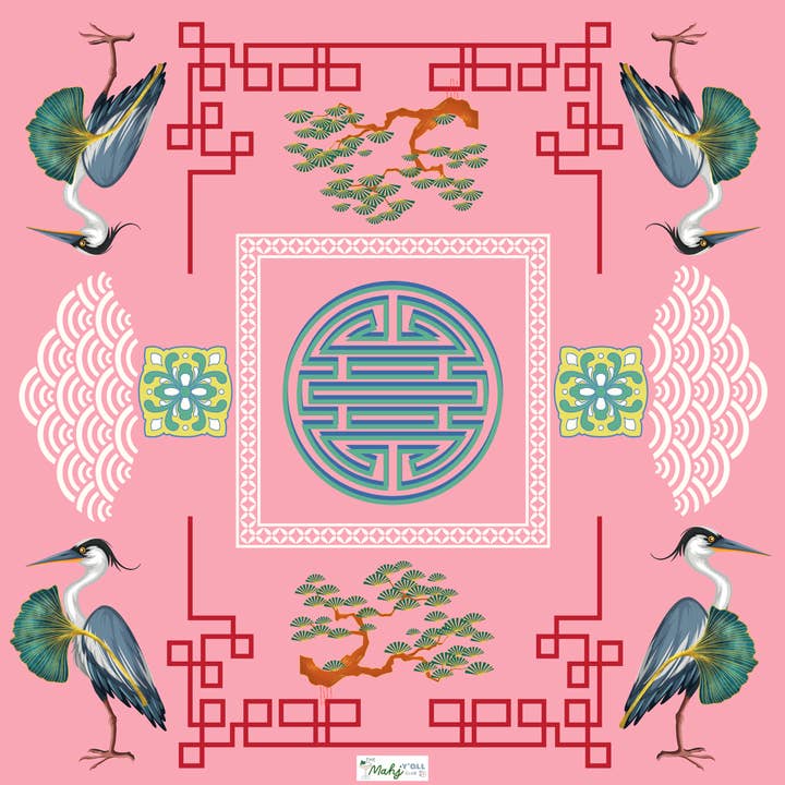 Market On Maple Ave - Wholesale Tablecloth - MAHJONG TABLECLOTH Chinoiserie Cranes