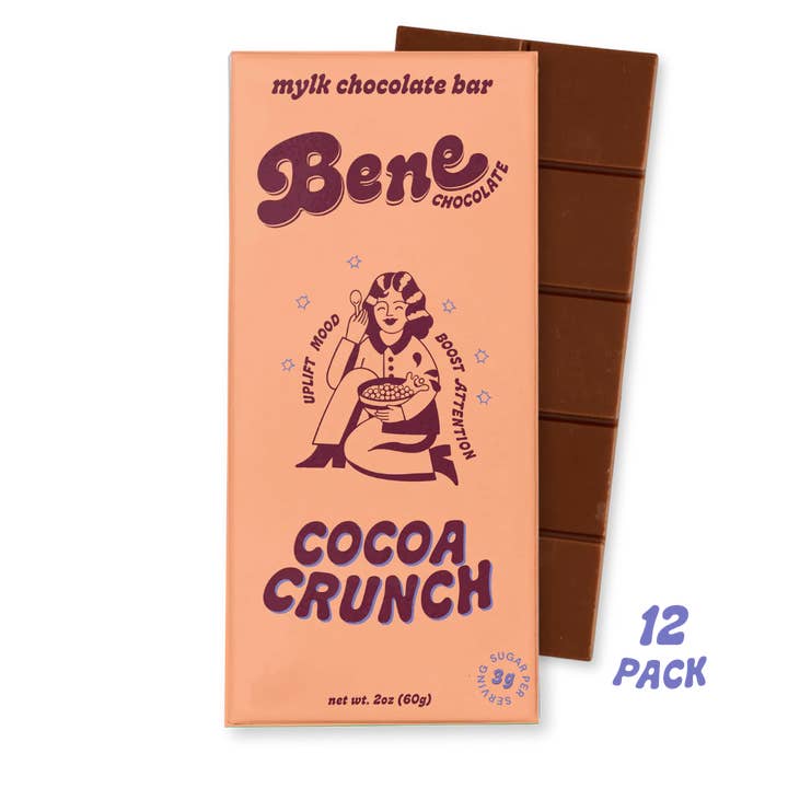 Cocoa Crunch Mylk Chocolate Bar: Boost Mood (12-PACK) for wholesale by Bene Chocolate