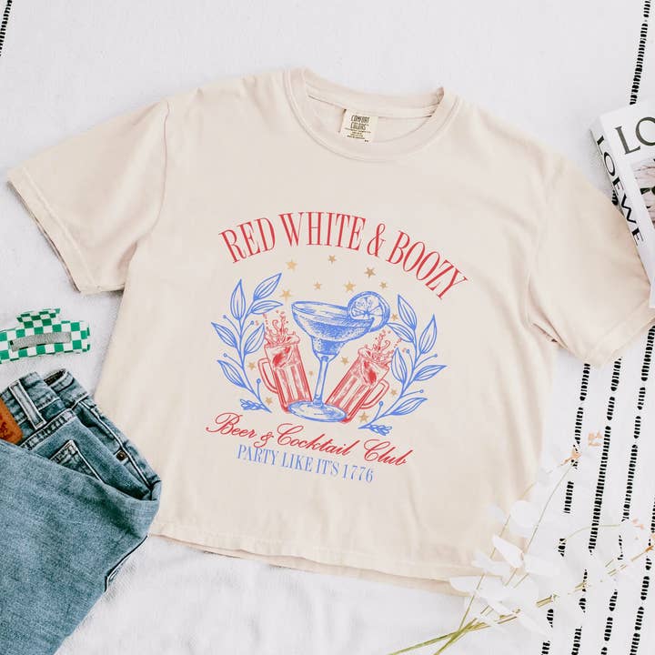 Red, White, & Boozy 4th Of July Cropped T-Shirt for wholesale by Rags Revived