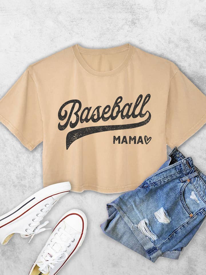 BASEBALL MAMA WOMEN'S VINTAGE GRAPHIC CROP TOP for wholesale by Rustee Clothing