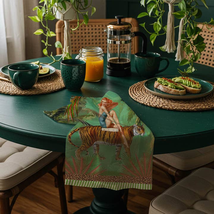 Queen K - Wholesale Tea towel - Jungle Walk Green Wild Retro Glamour 100% Linen Tea Towel5