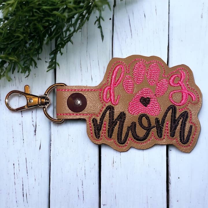 “Dog Mom” Embroidered Keychain (Tan, Pink, Brown) for wholesale by Sew Cute Creations By Sydni