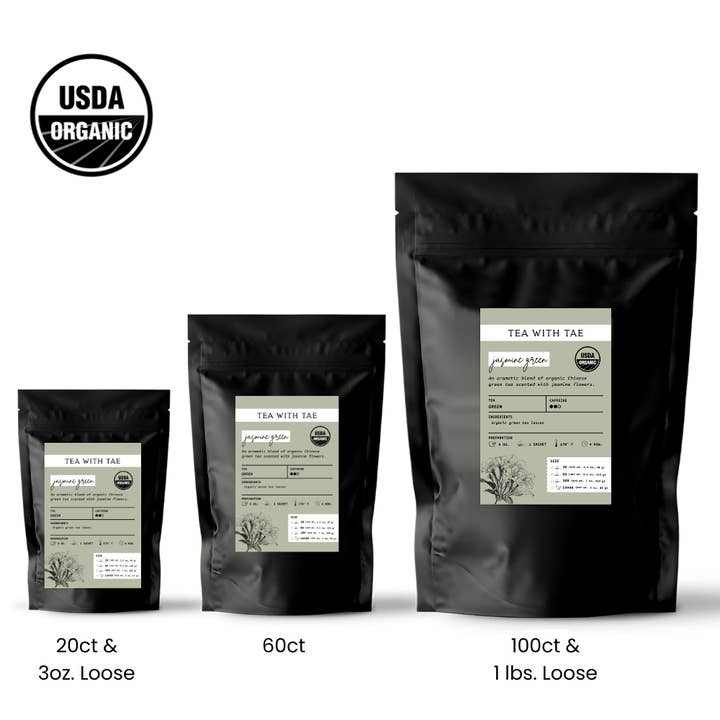 Pochette de thé vert au jasmin biologique (3 oz ou 1 lb en vrac) pour la vente par Tea with Tae