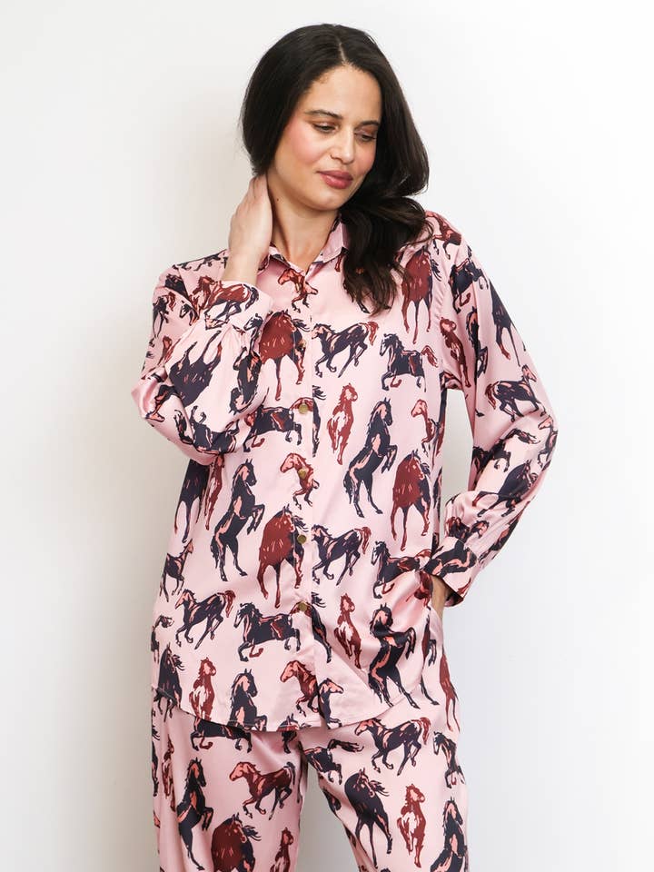 Horse Printed Satin Shirt & Pants Set PC6536 for wholesale by Beulah Style