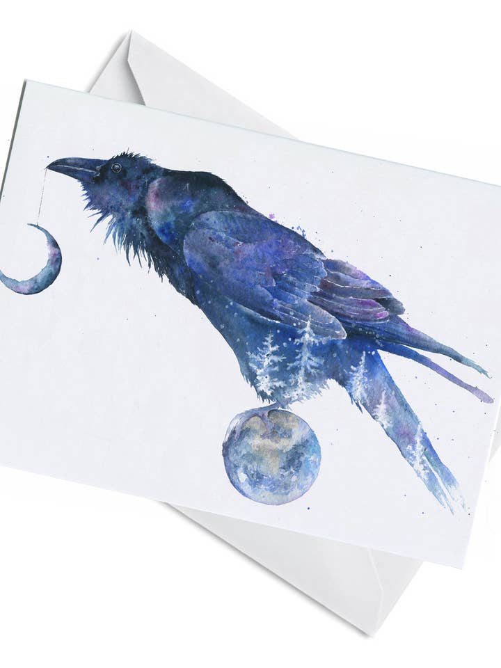 Carte de vœux - Gardien de la nuit - Oiseau d'hiver Corbeau Lune pour la vente par Oladesign