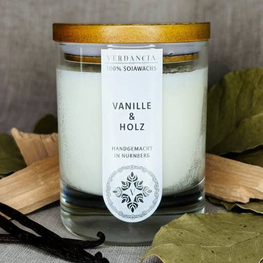Soja geurkaars - "Vanille & Hout" - Vanille, Patchouli, Sandelhout voor wholesale door Verdancia
