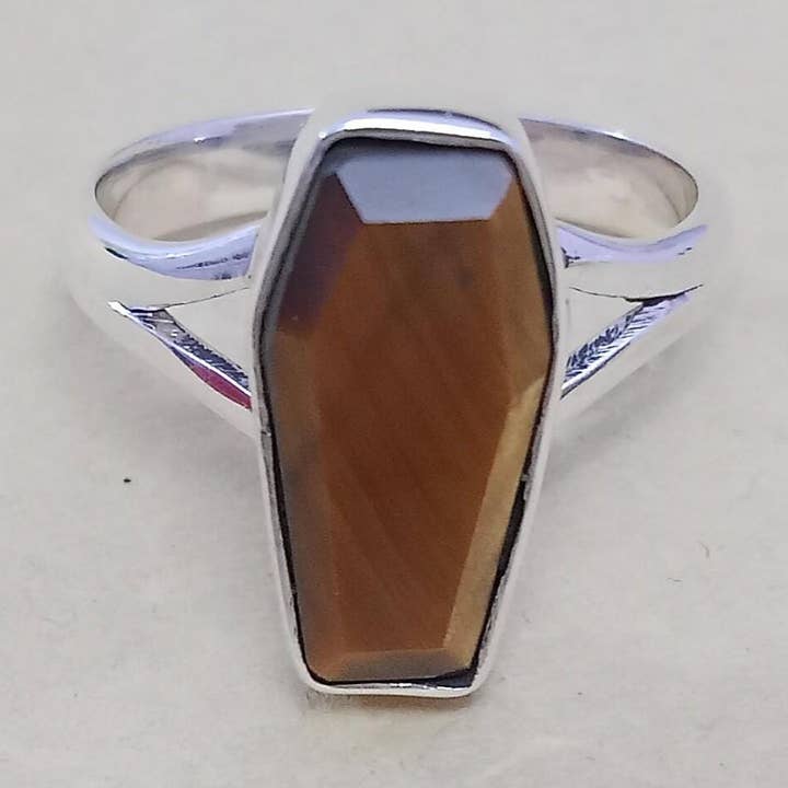 Tiger's Eye Coffin Gemstone Ring 925 Silver Boho Wedding for wholesale by Rishi Jewelry
