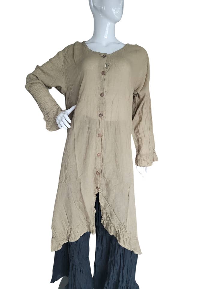 Evergreen Guardian Imports - Wholesale Dress - Women's - TD2457 Solid Cotton Button Down Ruffled Dress Tan