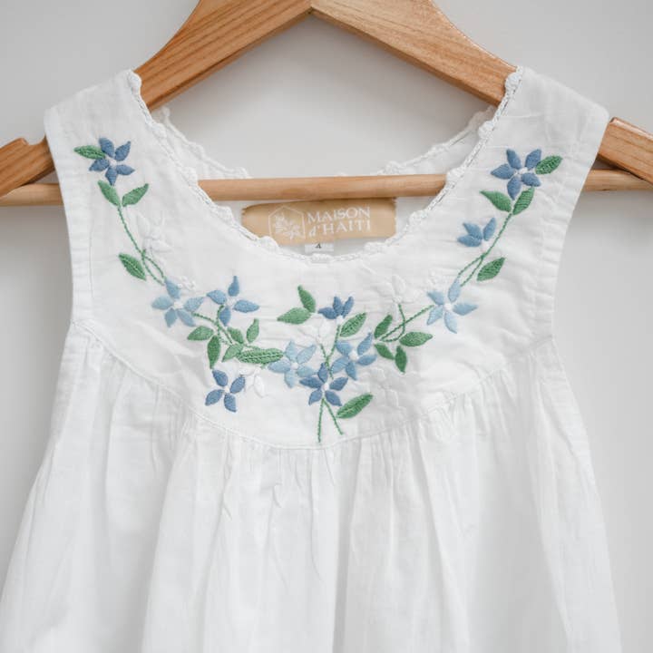 Cotton Little Girl Dress - Blue Floral Embroidery for wholesale by Maison d' Haiti