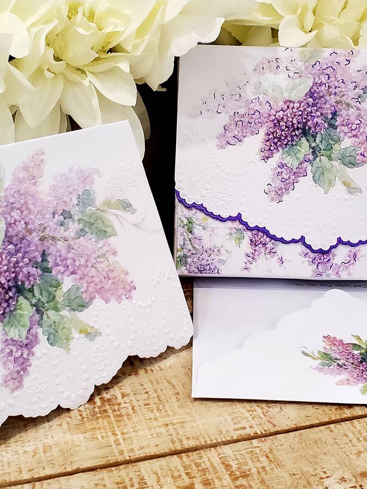 Summer Lilacs Embossed Die-cut Boxed Portfolio Note Card NCP for wholesale by Carol Wilson Fine Arts Inc./For Arts Sake