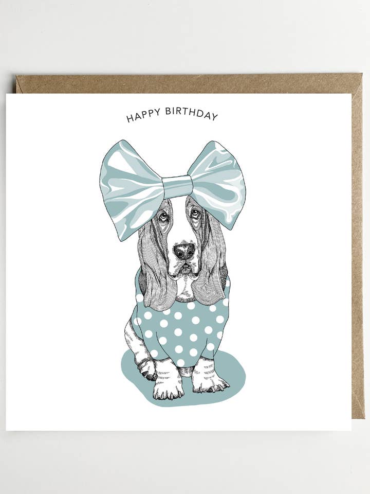 Verjaardagskaart/Wenskaart - Basset Hound Birthday voor wholesale door Dotty Dog Art