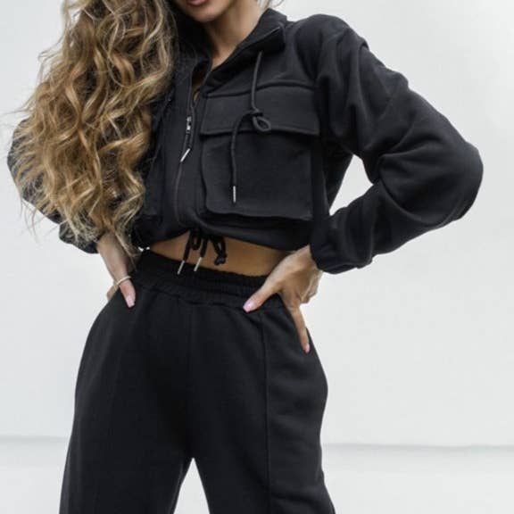 HIDDENBRAND - Wholesale Lounge Set - Women's - Drawstring zip-up sweatshirt & pant 2 piece set outfits