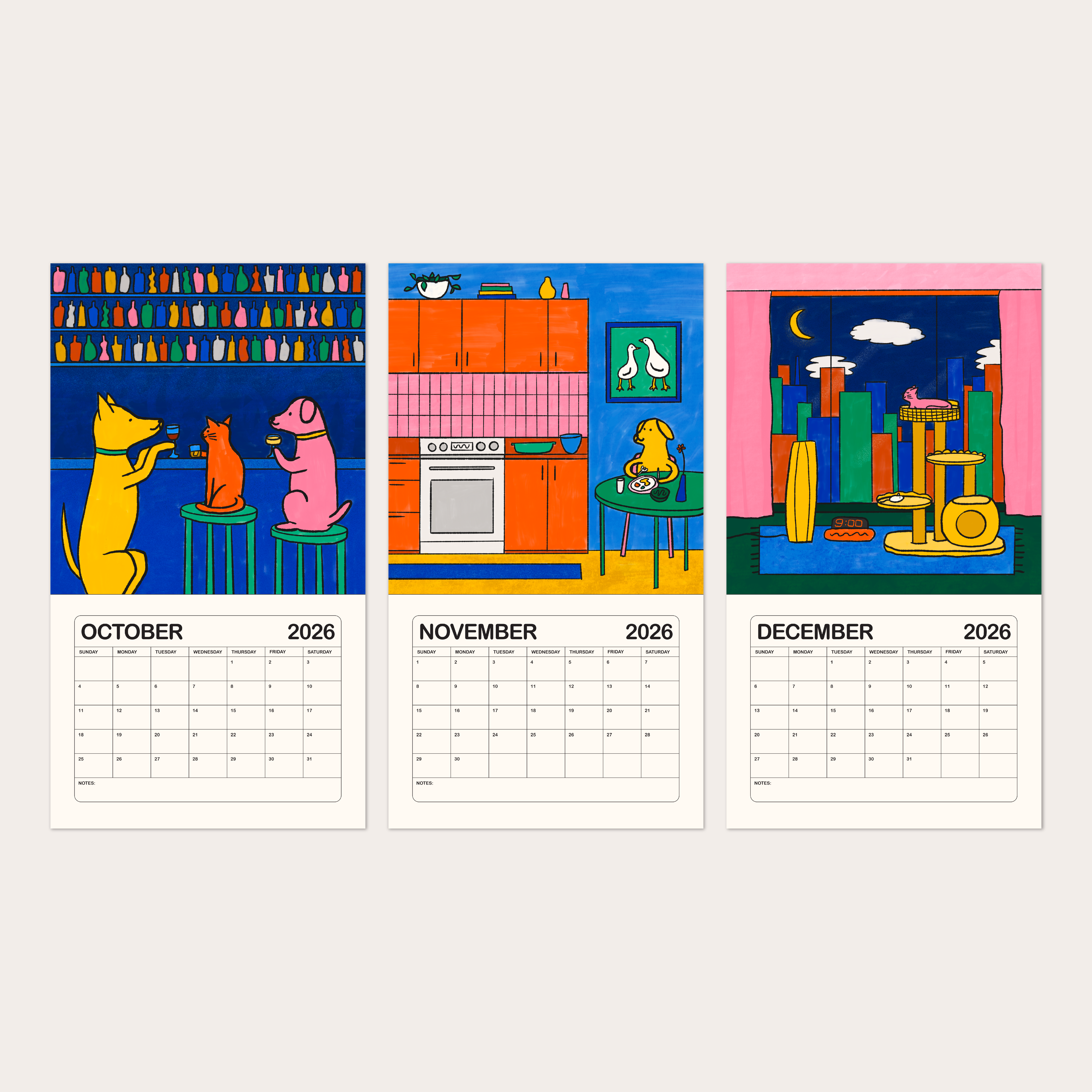 Gab Art & Design – wholesale Calendar – 2026 illustrated wall calendar: a day in the life of corporate cats + dogs7