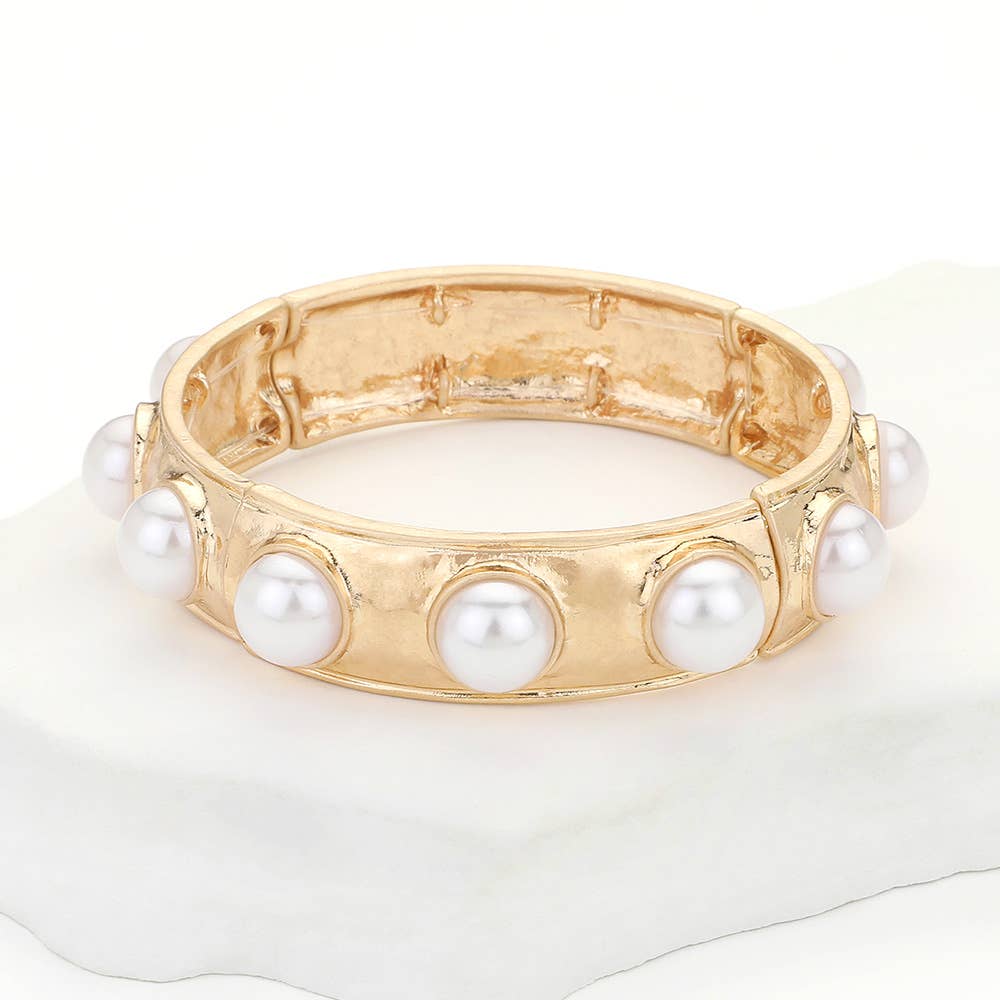 Sensibling Corp. - Wholesale Bangle Bracelet - Bead Pearl Embellished Hammered Metal Stretch Bracelet4