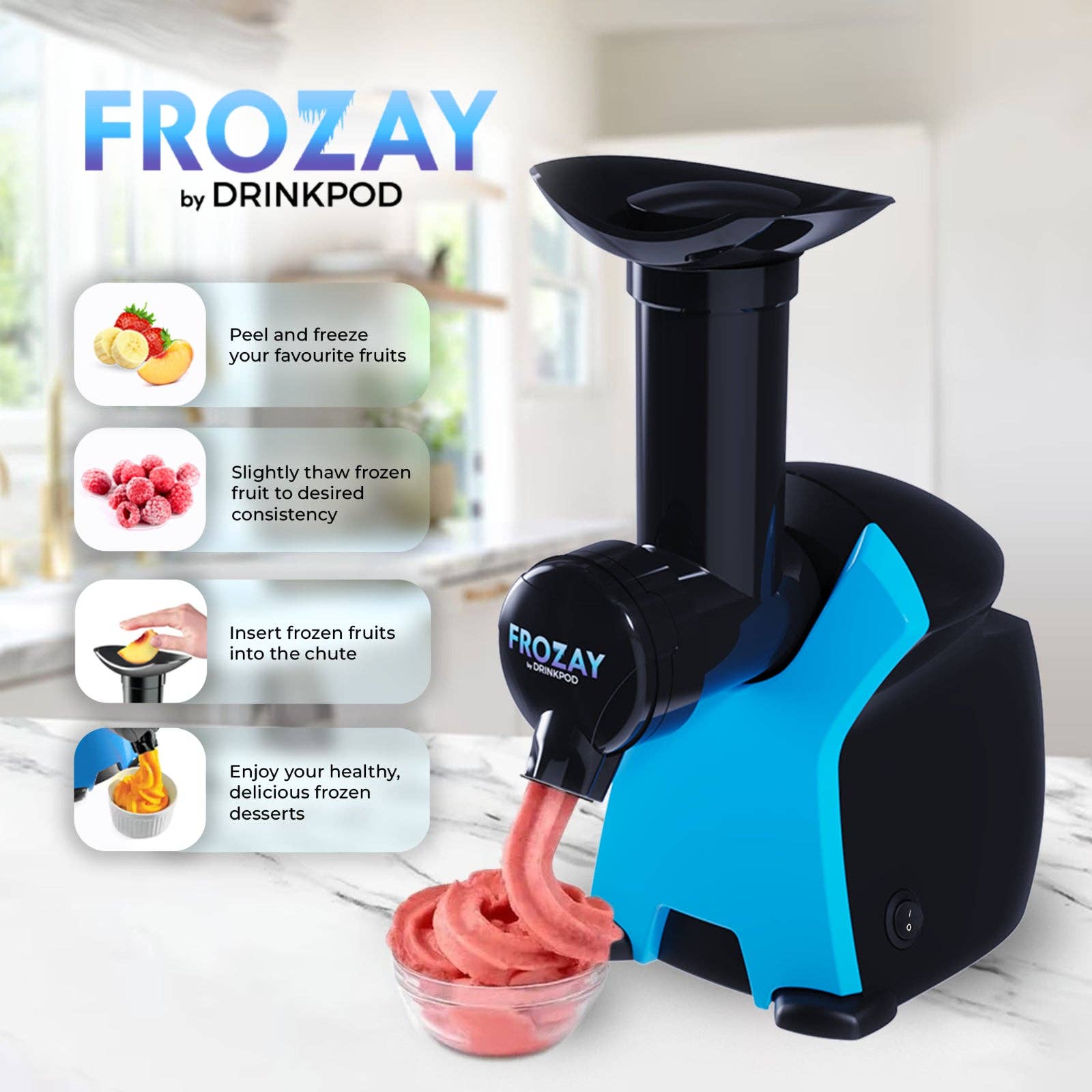 DRINKPOD LLC - Wholesale Kitchen Appliance - Frozay Dessert Maker 2.8 qt. Color Blue, Vegan Ice Cream & Frozen Yogurt Maker Soft Serve Desserts With Recipes (Black/Blue)10