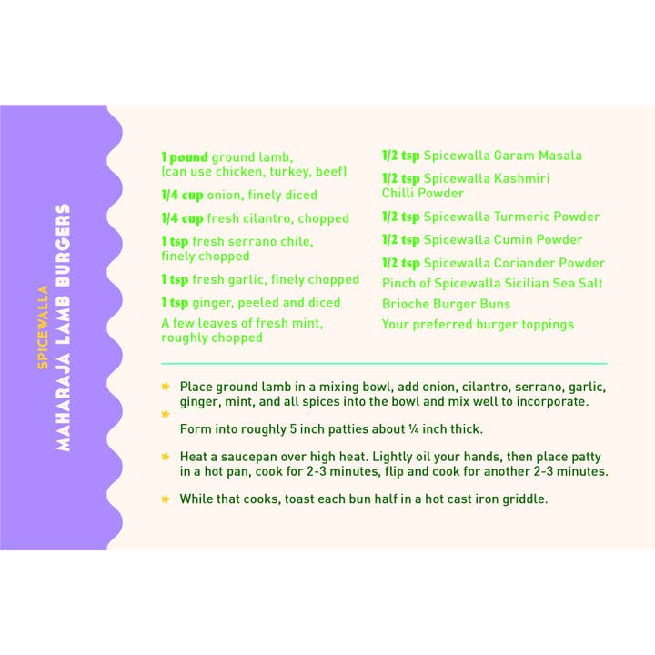 Spicewalla - Wholesale Recipe card - Spicewalla Maharaja Lamb Burgers Recipe Card1