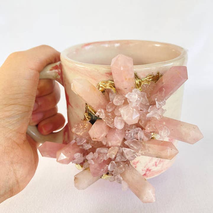 The Tangerine Store - Vendita all'ingrosso Tazza - Set di 2 | Tazza grande in ceramica effetto marmo rosa personalizzata per caffè/tè/succo con quarzo rosa/agata placcato oro semi-prezioso | 11 oz/325 ml