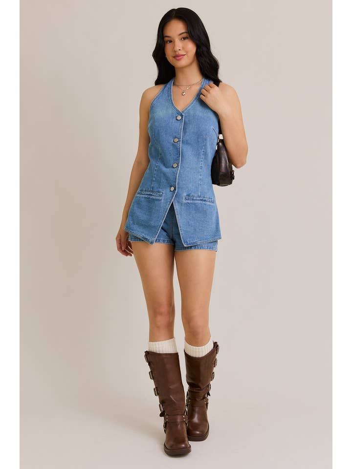DENIM VEST-STYLE ROMPER WITH MICRO SHORTS for wholesale on Faire