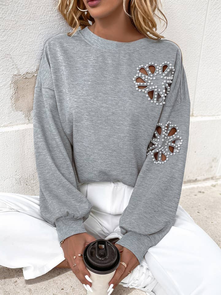 Cut-Out Floral Crewneck Loose Sweatshirt for wholesale by Rosa Clothing