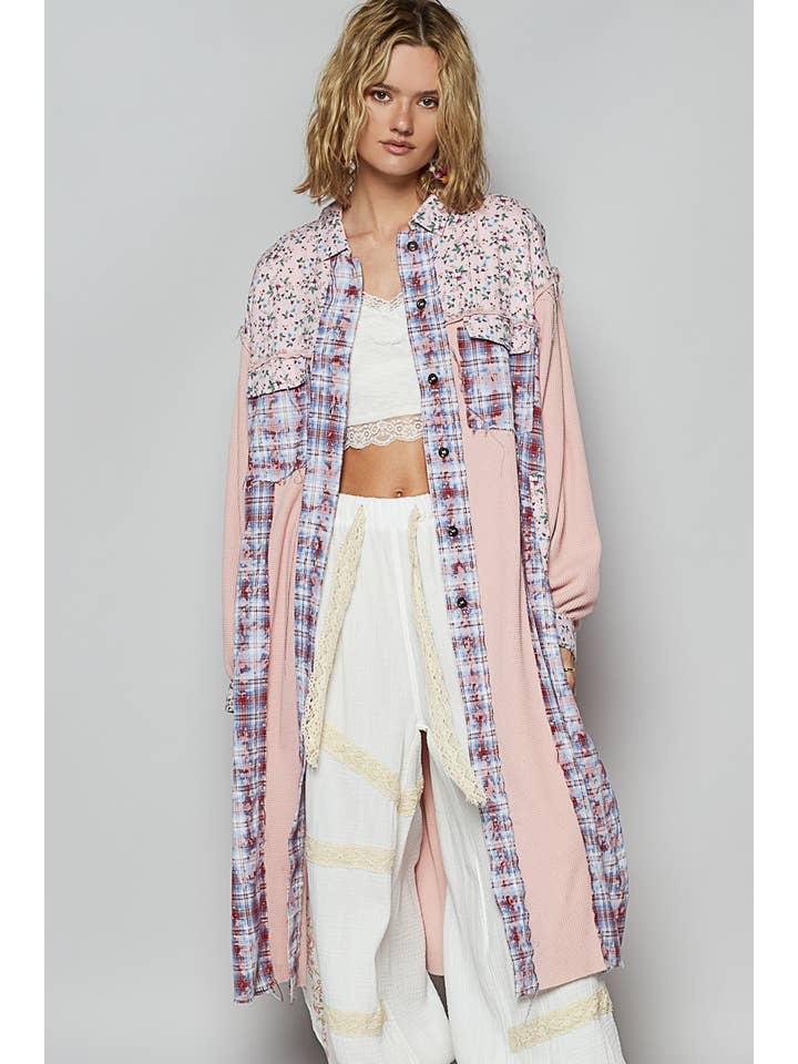 Pol Clothing - Wholesale Shirt Jacket/Shacket - Women's - Balloon sleeve plaid floral contrast long placket jacket