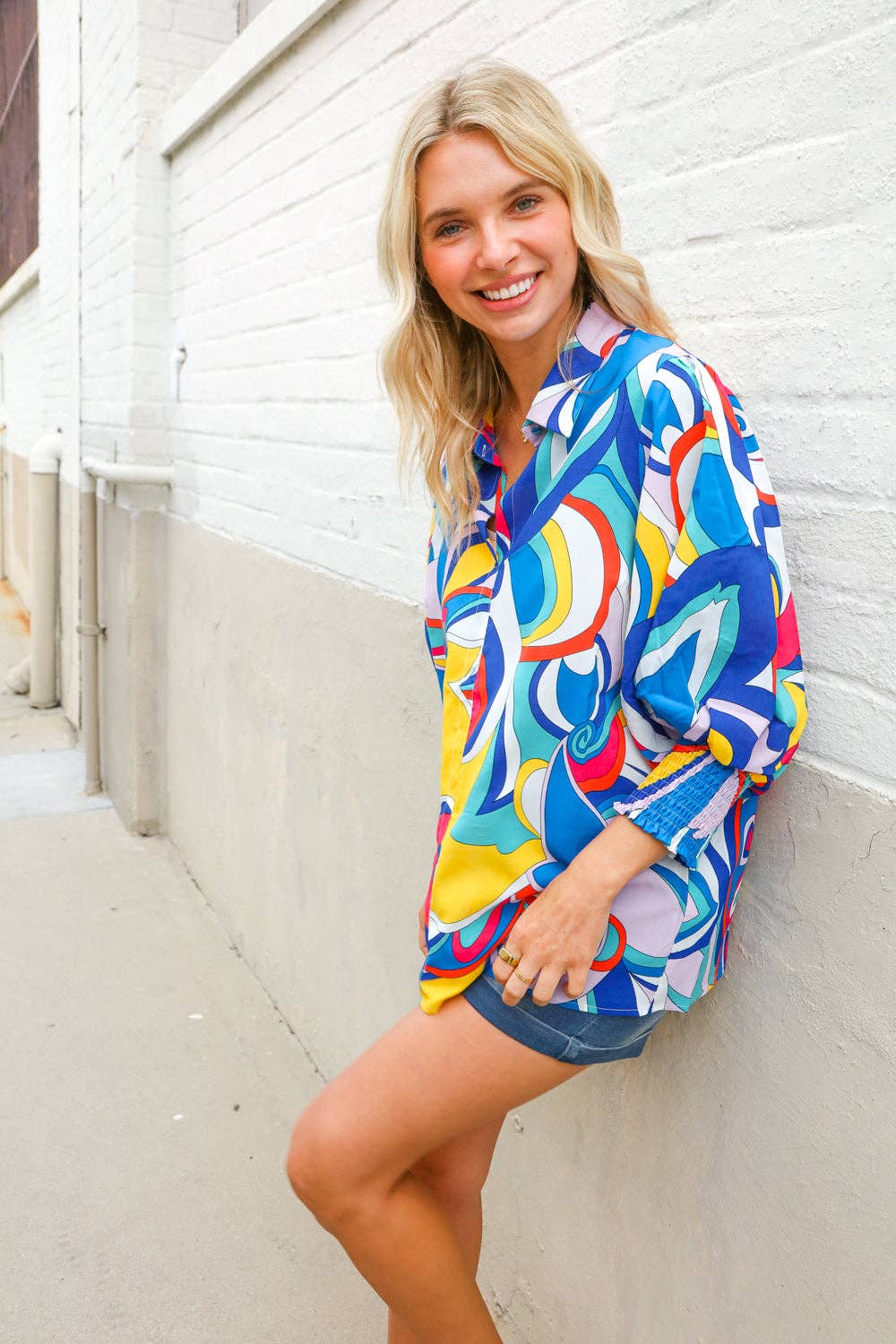 Promenade – Engroshandel Skjorte med buttondown – til kvinder – Bedst i Fed Abstrakt Print Knap-Ned Smock Ærme Top (Åben Pakke)11