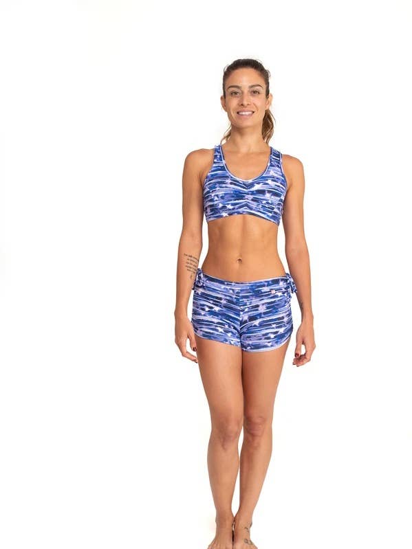 Side String Shorts, Blue Water Color Lines for wholesale by Yoga | Activewear | Hot Yoga
