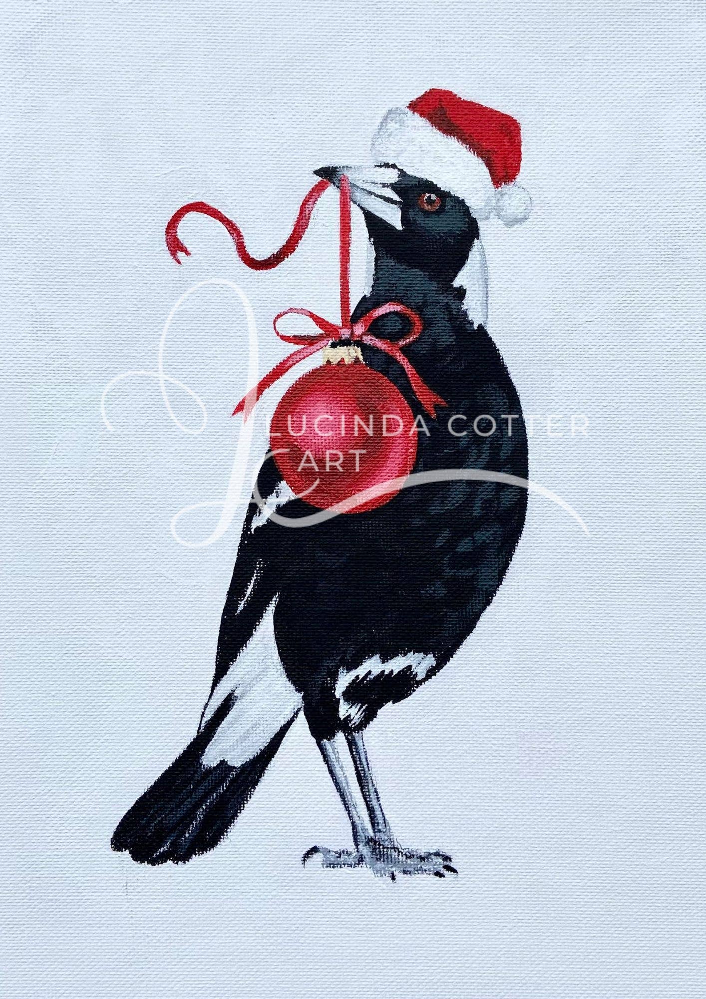 Lucinda Cotter Art - Wholesale Christmas Card - Christmas Magpie with Bauble Greeting Card2
