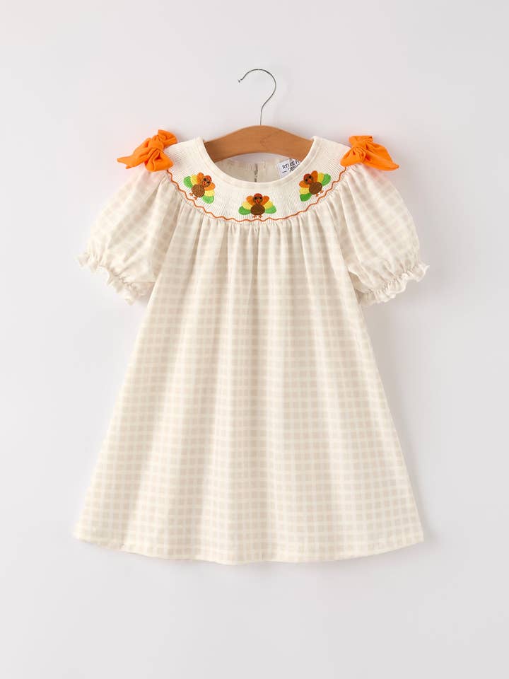 Rylee Faith Designs – Engroshandel Kjole - Baby – Efterår Thanksgiving Abrikosternet Kalkun Broderi Smock Baby Pige Kjole