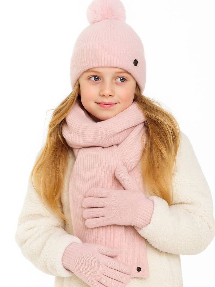 Ensemble d'hiver 3 pièces pour filles bonnet écharpe gants rose 2-14 ans pour la vente par Minoti sp. z o.o.