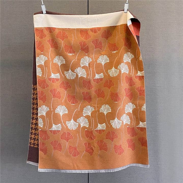 Ginkgo Leaf Print Fringed Cashmere Scarf for wholesale by Plush Looks