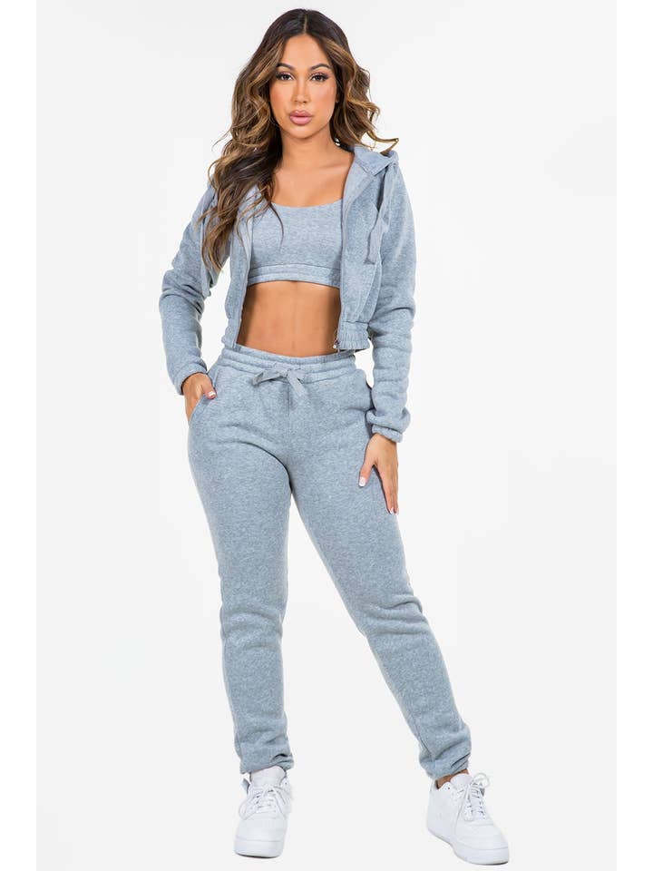 HEATHER GREY 2BFREE FLEECE 3 PC ZIP UP SWEATSUIT for wholesale on Faire