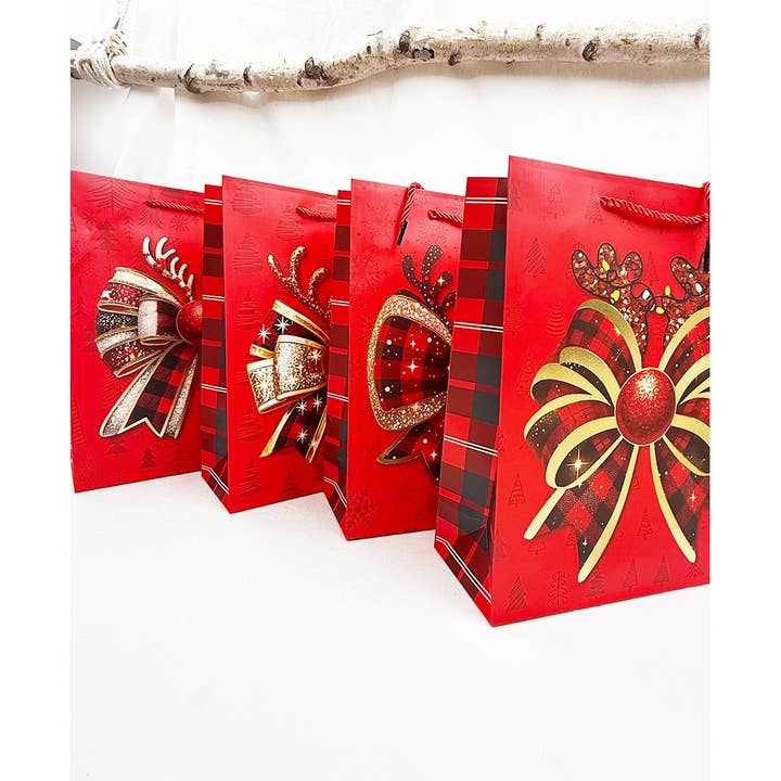 MIX COLOR Glitter Christmas Bow Design Paper Gift Bag for wholesale on Faire0