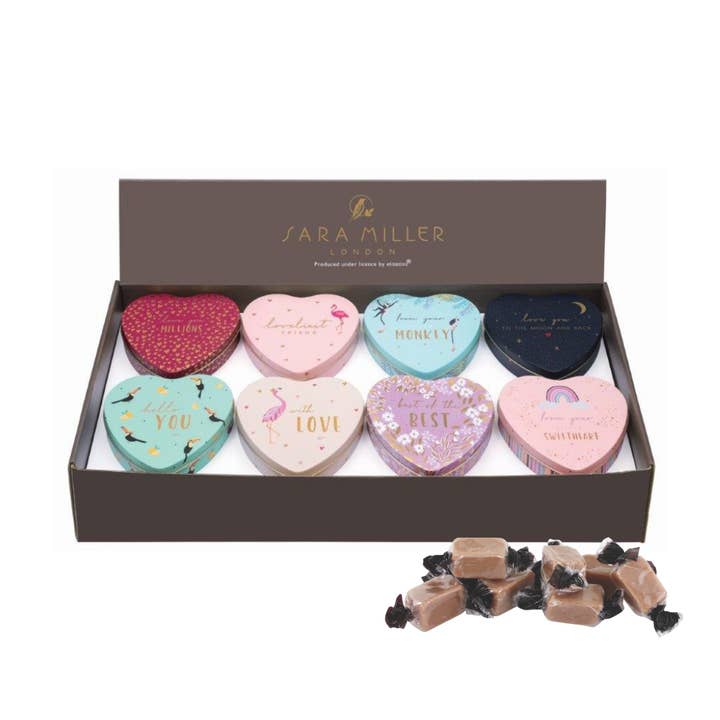 Sara Miller Small Hearts Tin Display with Fudge X24 for wholesale by Tin Treats