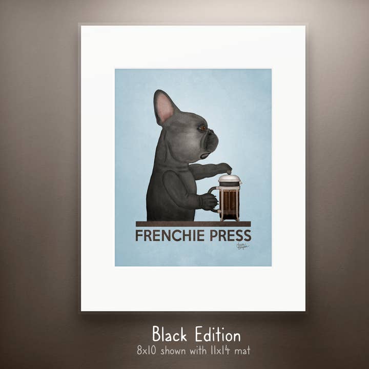 Laura Bergsma Studio - Venta al por mayor Ilustración - Impresión artística del perro bulldog francés, Frenchie Press, edición negra