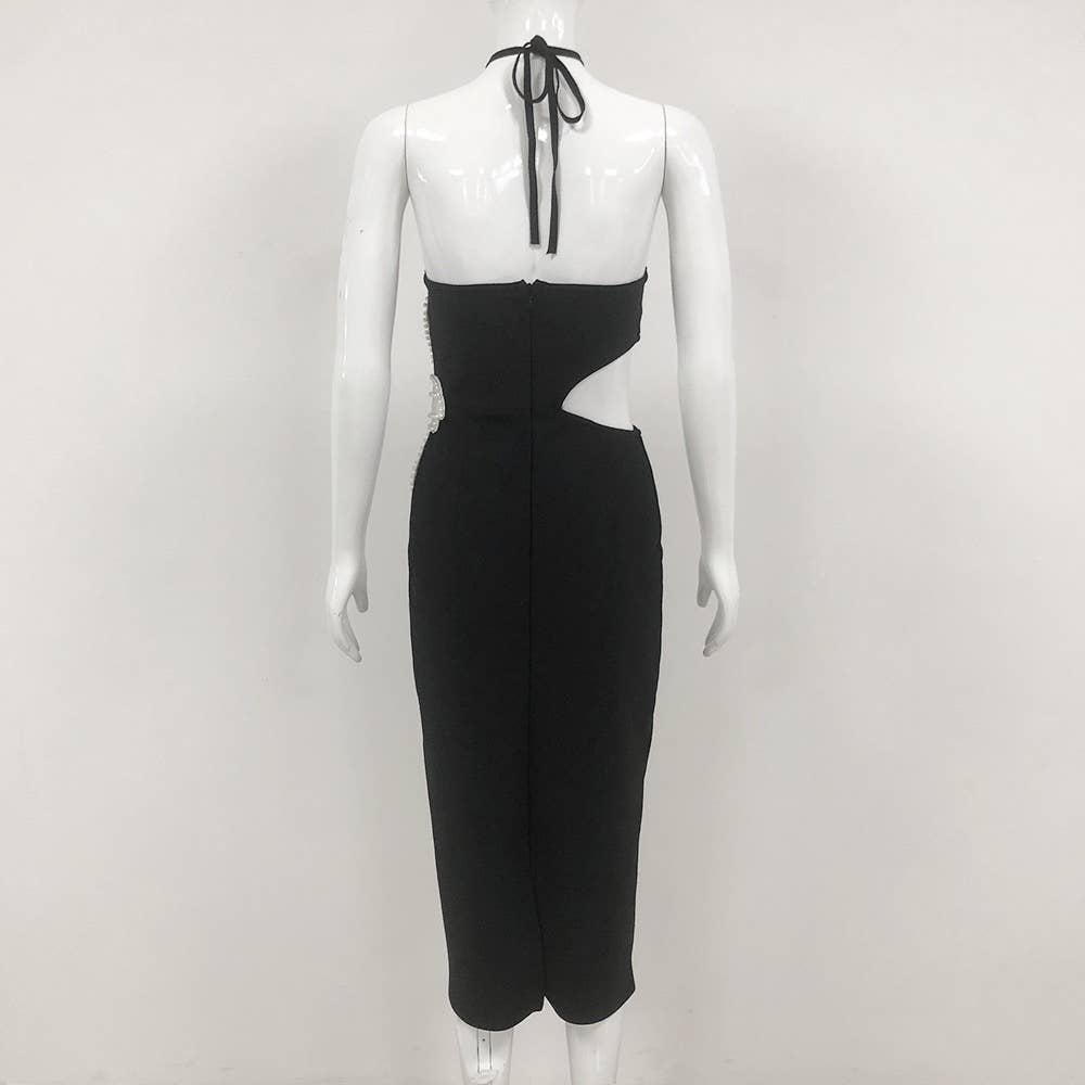 Noir Robe mi-longue à dos nu à motif floral DR298 en vente sur Faire6