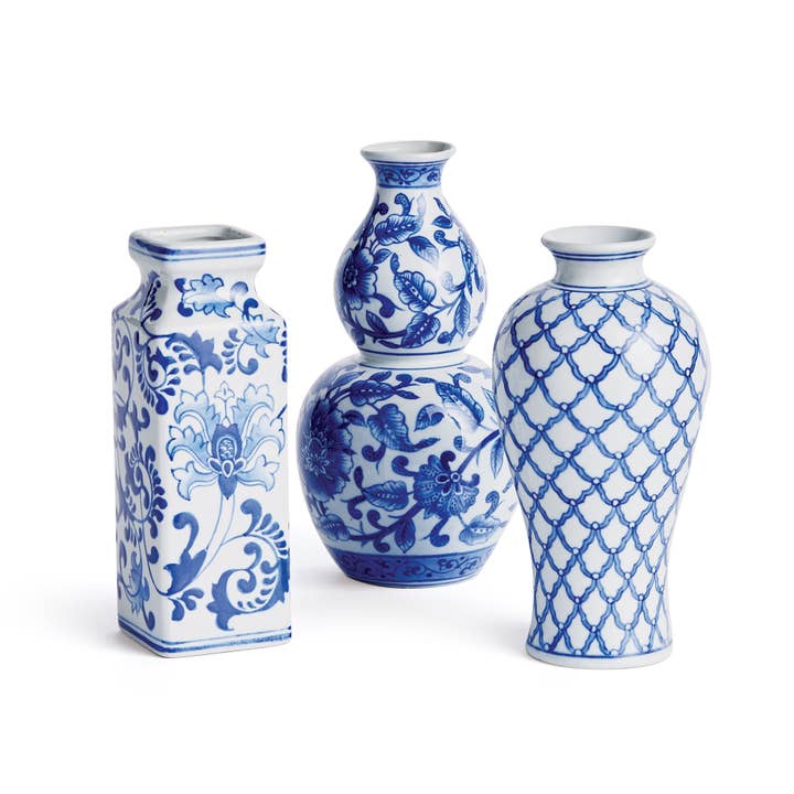 Classic Blue White Barclay Butera Dynasty Accent Vases, Set Of 3 for wholesale on Faire