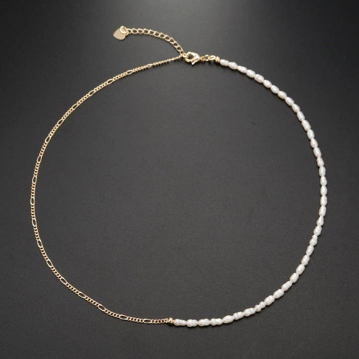 24K Gold Filled Half Freshwater Pearl Baroque Seed Half Figaro 16 Inch Choker Chain Necklace | WA-330 Clearance Pricing for wholesale by Aim Eternal