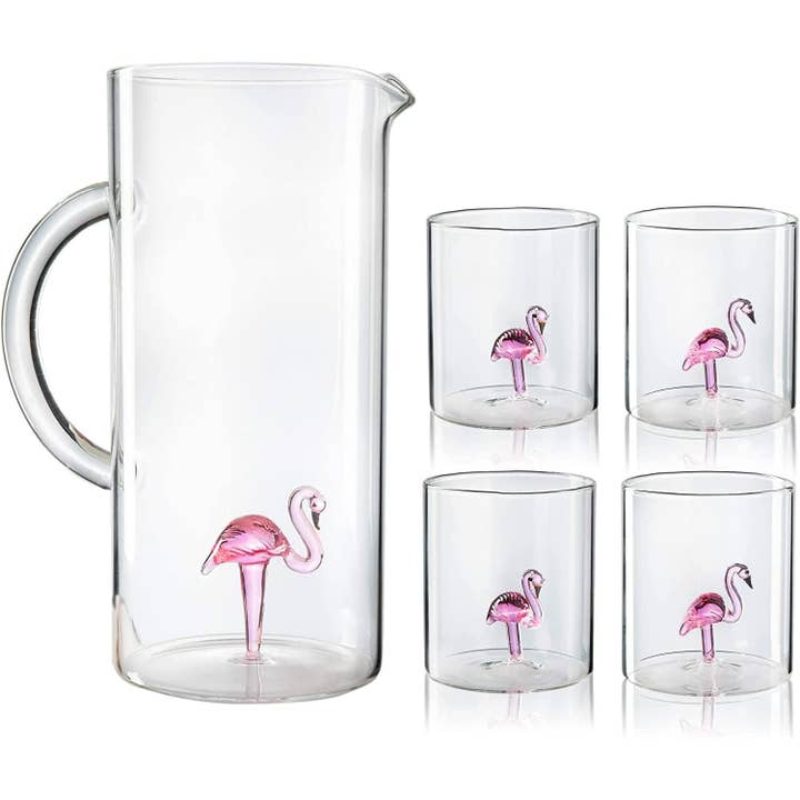 Flamingo Pitcher & Glasses Set Decanter with 4 Flamingo Glas for wholesale by The Wine Savant / Khen Glassware
