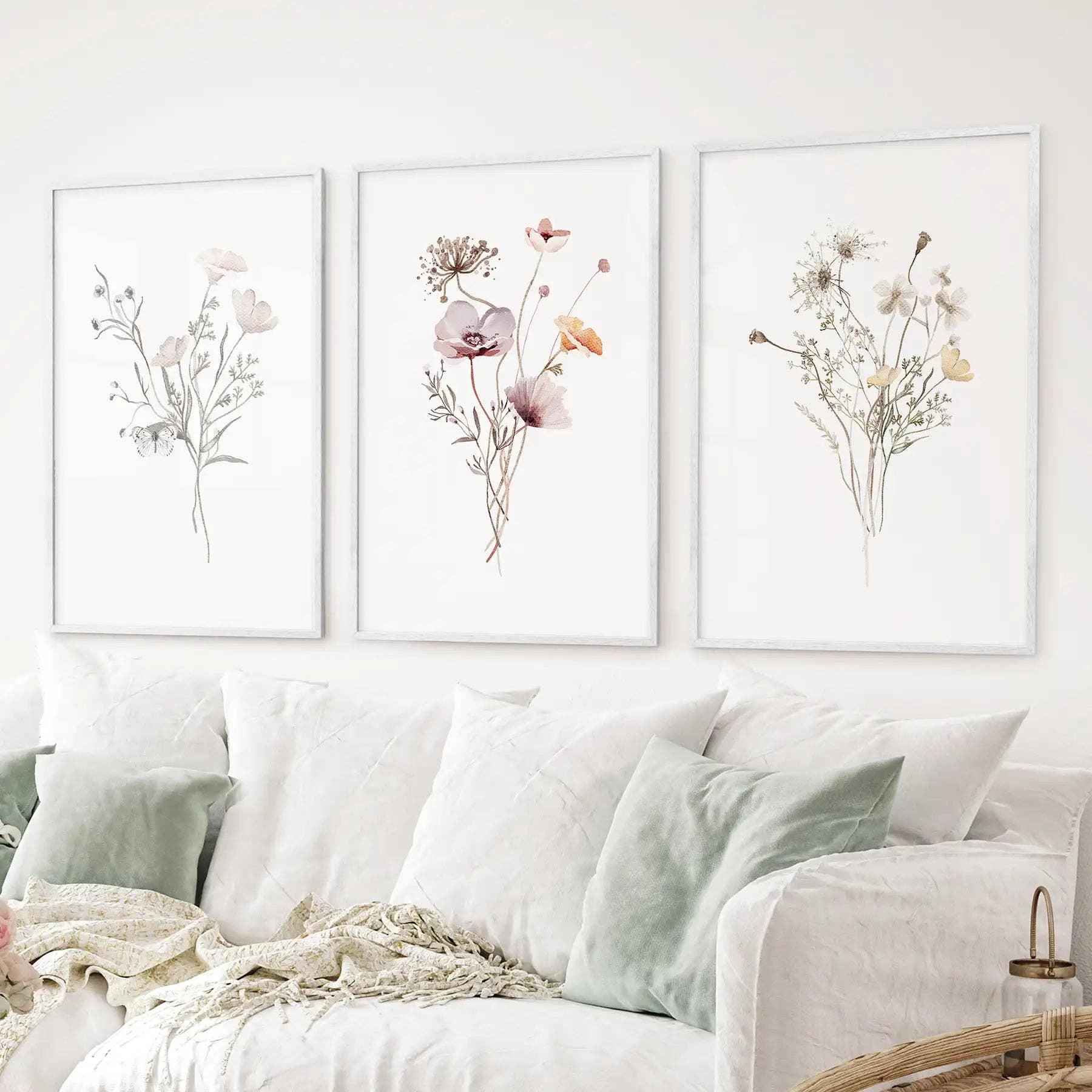 PrintSets.com - Wholesale Gallery Wall Set - Watercolor Wildflower Set of 3 Prints. Botanical Floral Art for Cottage Spaces2