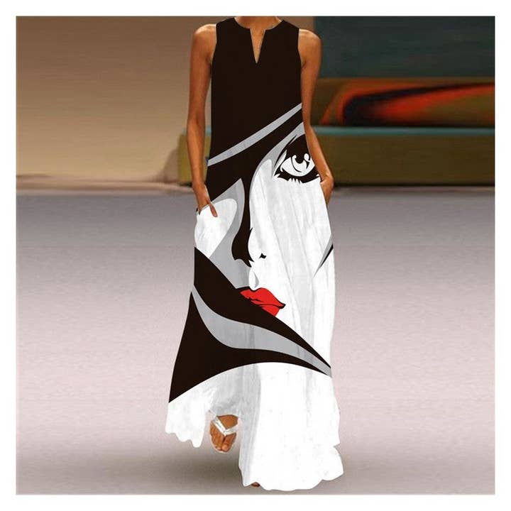 UZ Wholesale Store - Wholesale Dress - Women's - Vintage Sleeveless V-Neck Letter Print Maxi Dress3