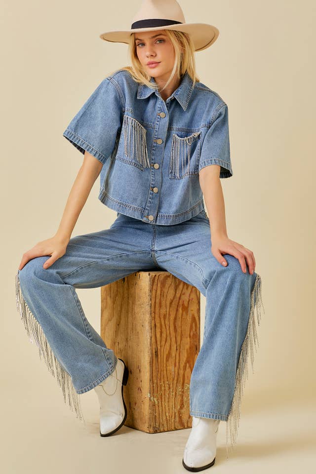 Side And Back Rhinestone Fringe Trim Denim Pants for wholesale on Faire9