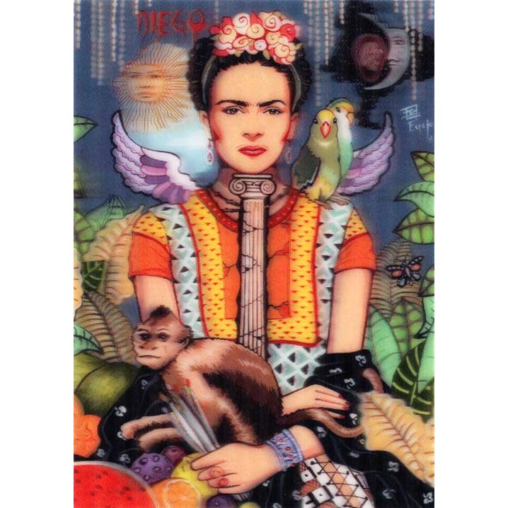 VisionWorks LLC - Wholesale Postcard - 3-D Postcard. Frida Kahlo with monkey, parrot & Paint Brush