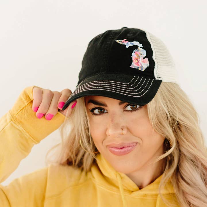Hat // BLACK + Watercolor Floral Trucker Hat for wholesale by Simply Stated